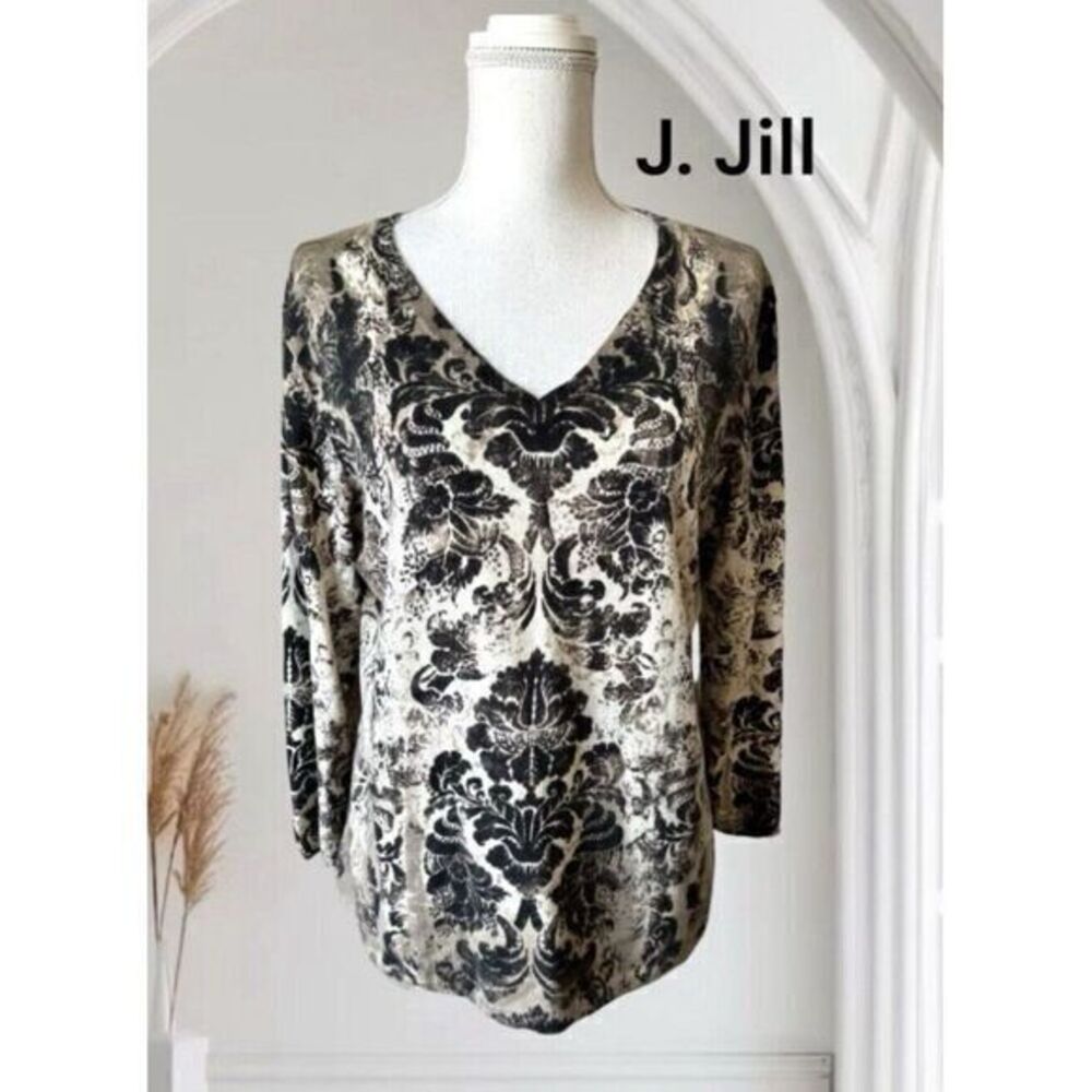 J JILL Sweater Small Cotton Modal V Neck Floral 3/4 Sleeves Paisley